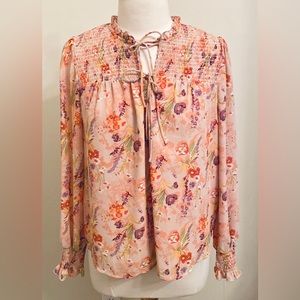 Ophelia Roe Blush Pink Floral Smocked Front Tie Up Long Sleeve Lined Top Size M